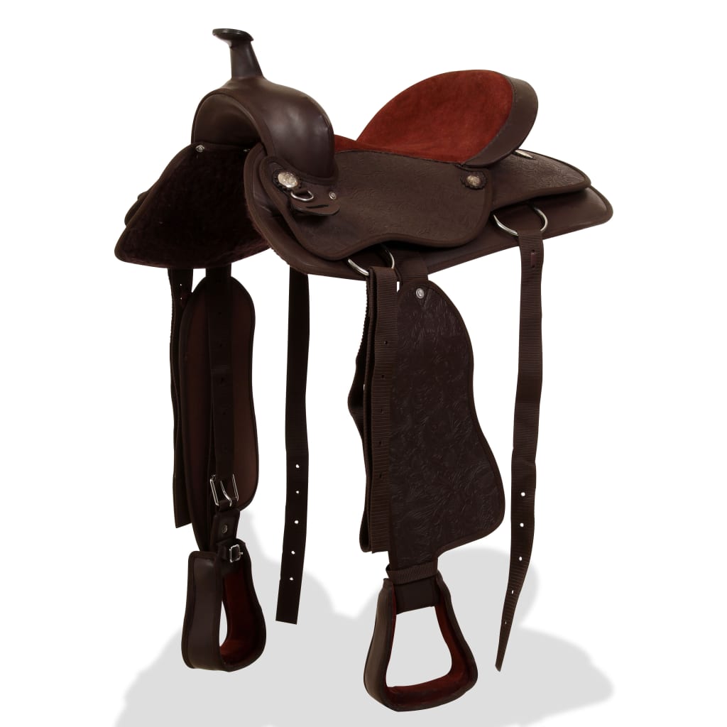 Western Saddle, Halter & Breastplate Genuine Leather 17" Brown