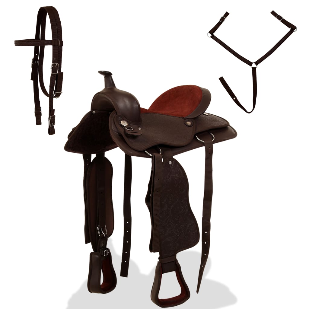 Western Saddle, Halter & Breastplate Genuine Leather 17" Brown