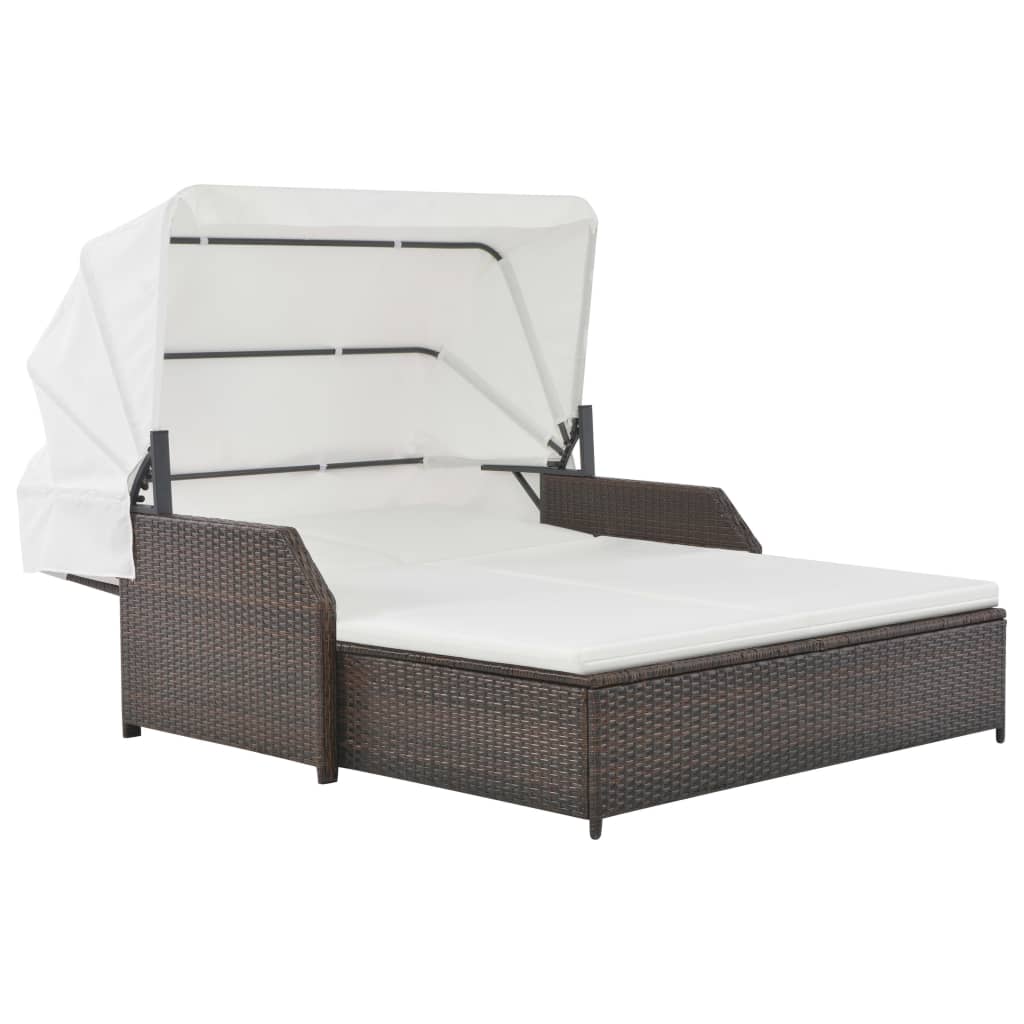 2-Personen-Sonnenliege mit Sonnendach Poly Rattan Braun