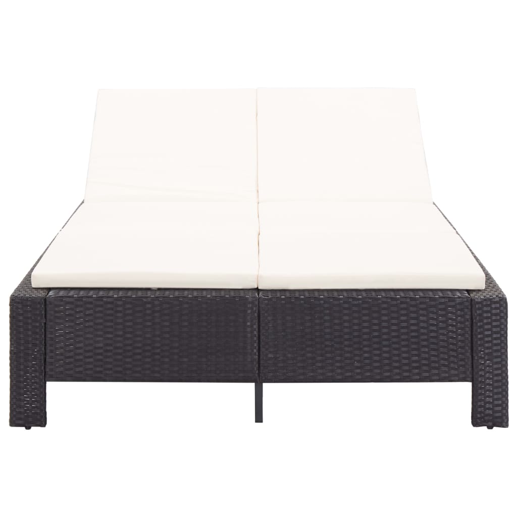 2-person sun lounger with cushion black poly rattan