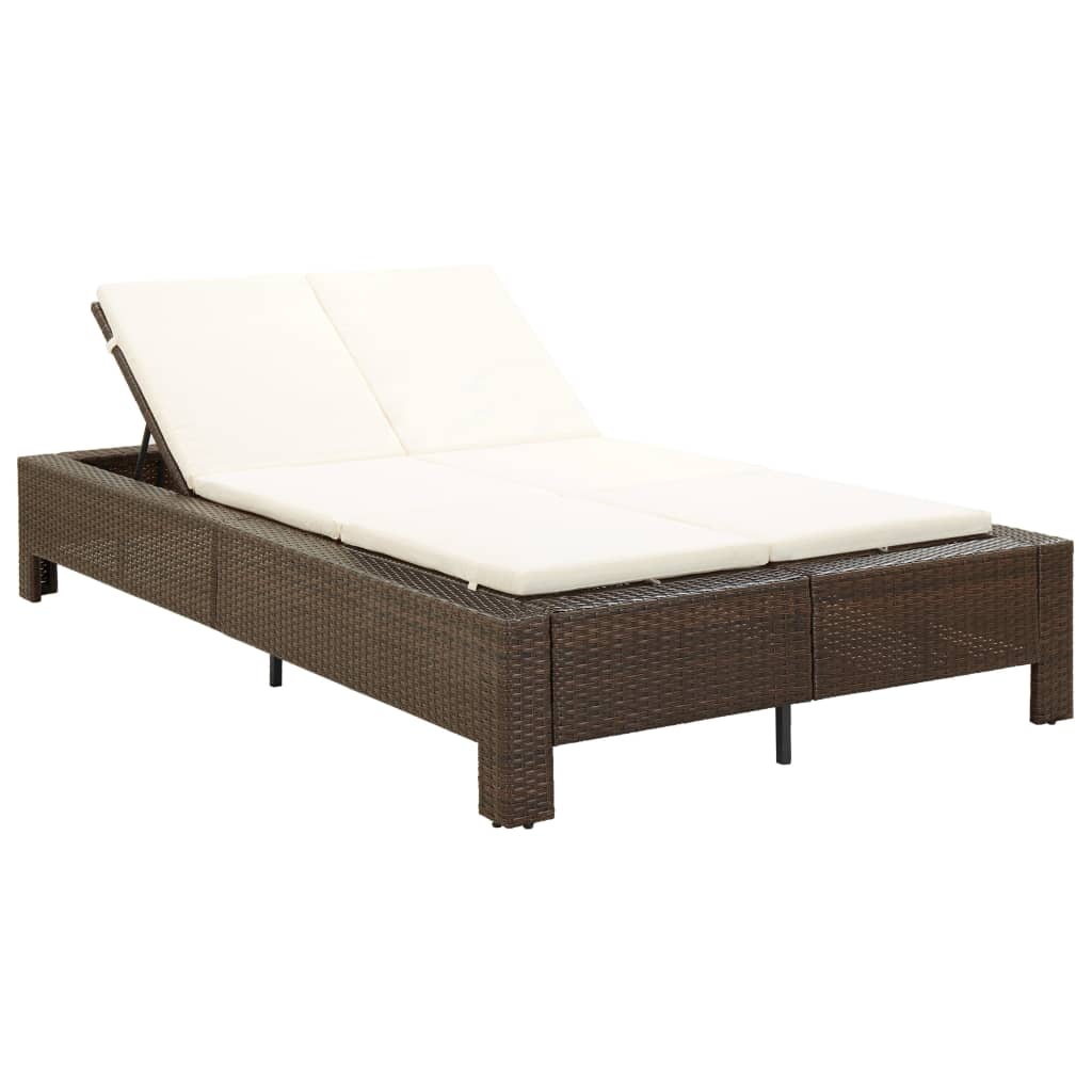 2-person sun lounger with cushion brown poly rattan