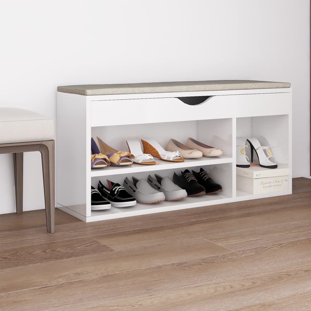 Shoe bench with cushion high-gloss white 104x30x49 cm wood material
