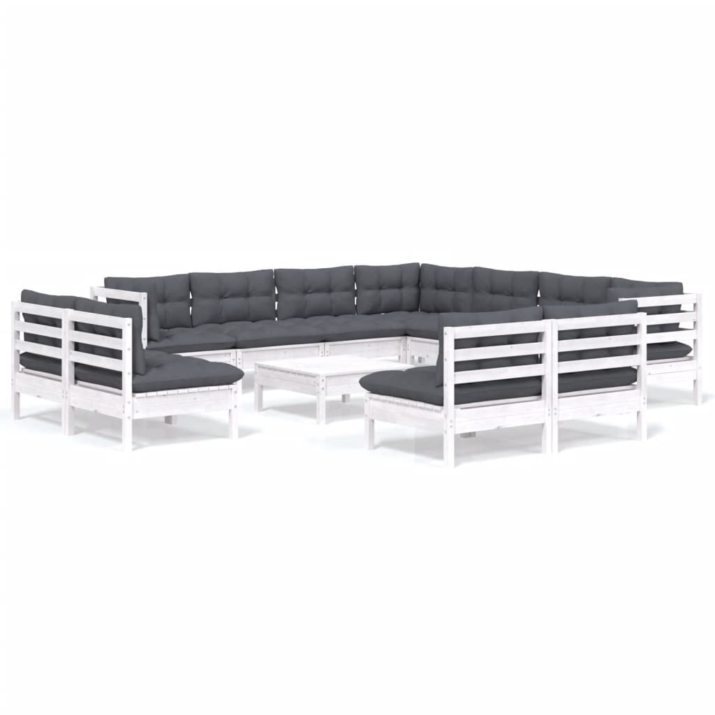 12-tlg. Garten-Lounge-Set mit Kissen Weiß Massivholz Kiefer