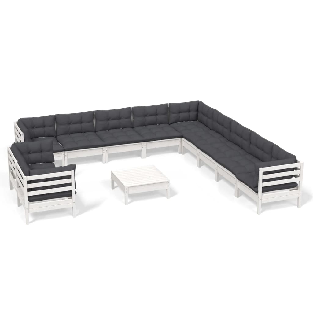12-tlg. Garten-Lounge-Set mit Kissen Weiß Massivholz Kiefer