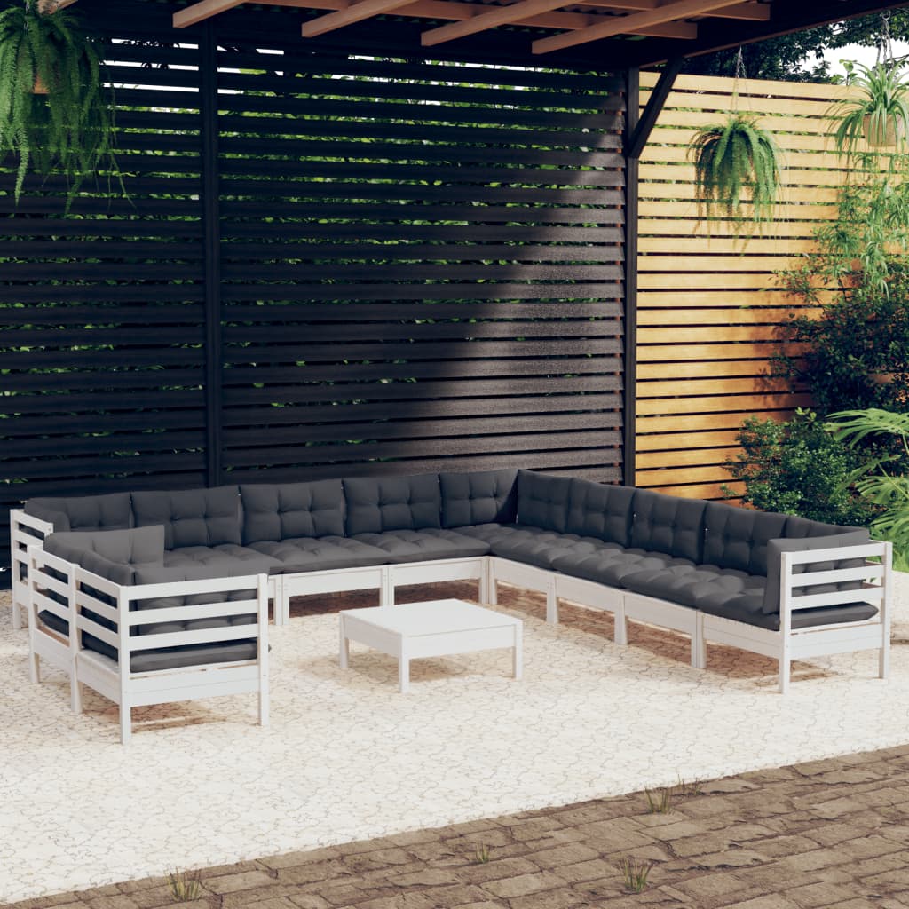 12-tlg. Garten-Lounge-Set mit Kissen Weiß Massivholz Kiefer