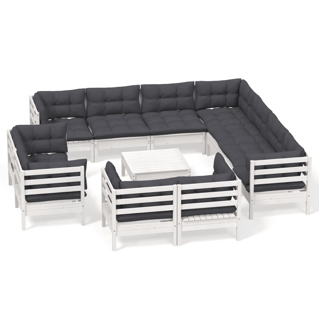 12-tlg. Garten-Lounge-Set mit Kissen Weiß Massivholz Kiefer