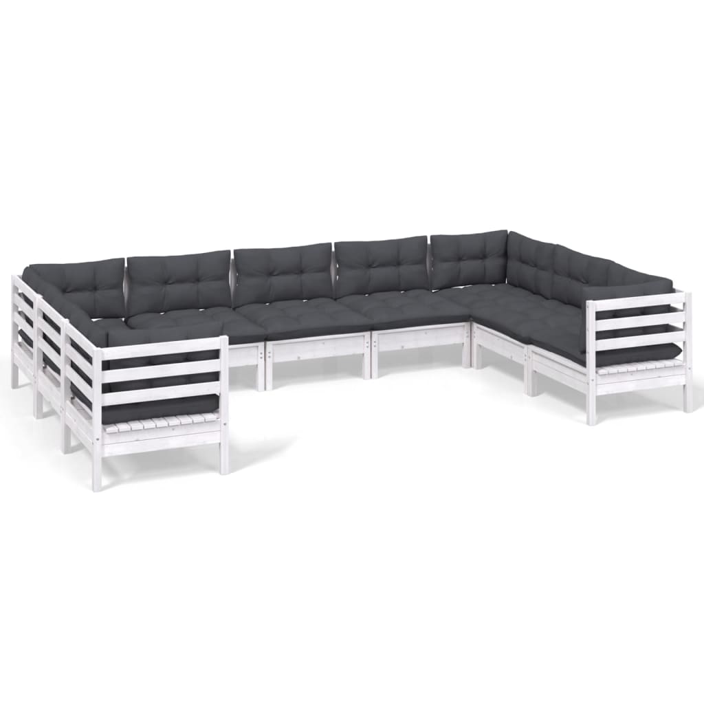 9-tlg. Garten-Lounge-Set mit Kissen Weiß Kiefernholz