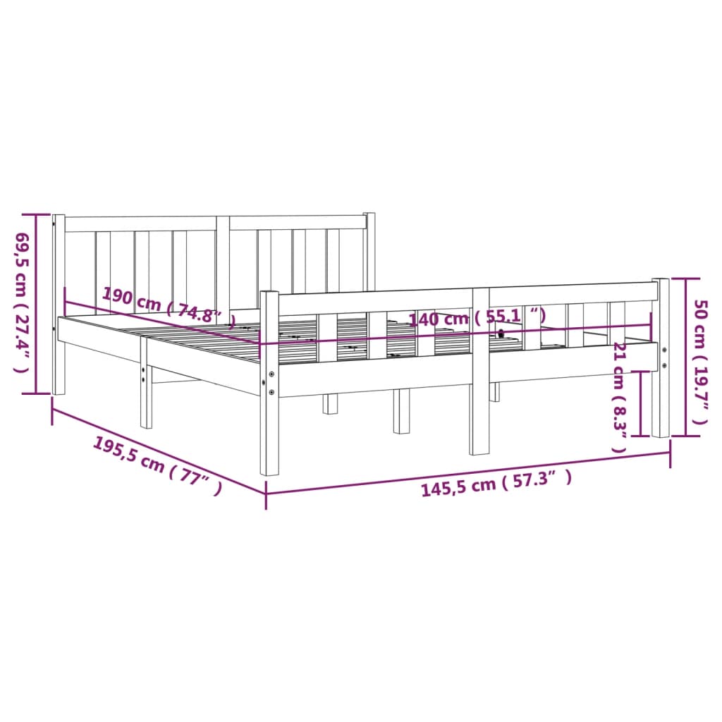 Solid wood bed gray 140x190 cm