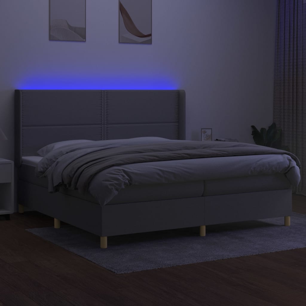 Box spring bed with mattress & LED light grey 200x200 cm fabric