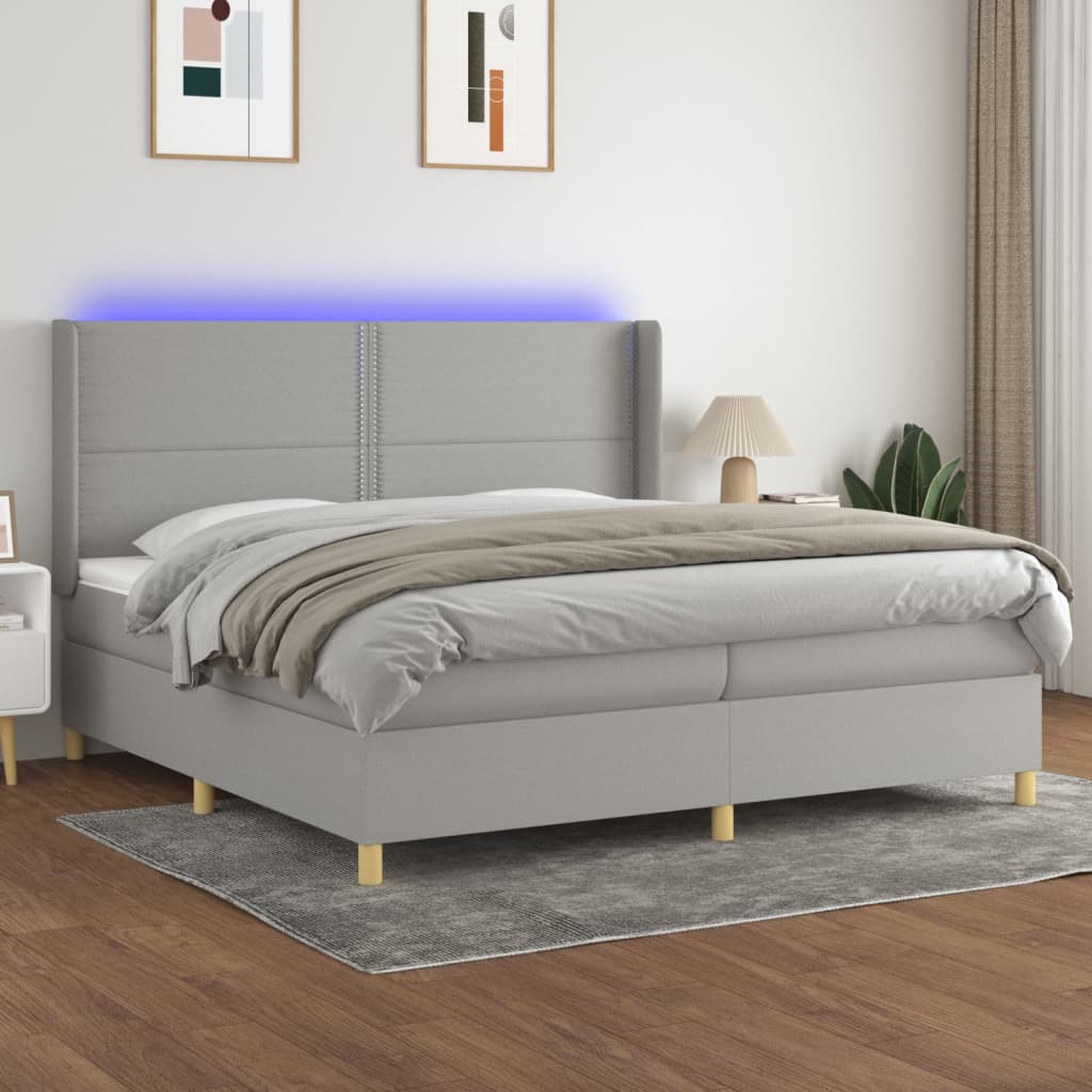 Box spring bed with mattress & LED light grey 200x200 cm fabric