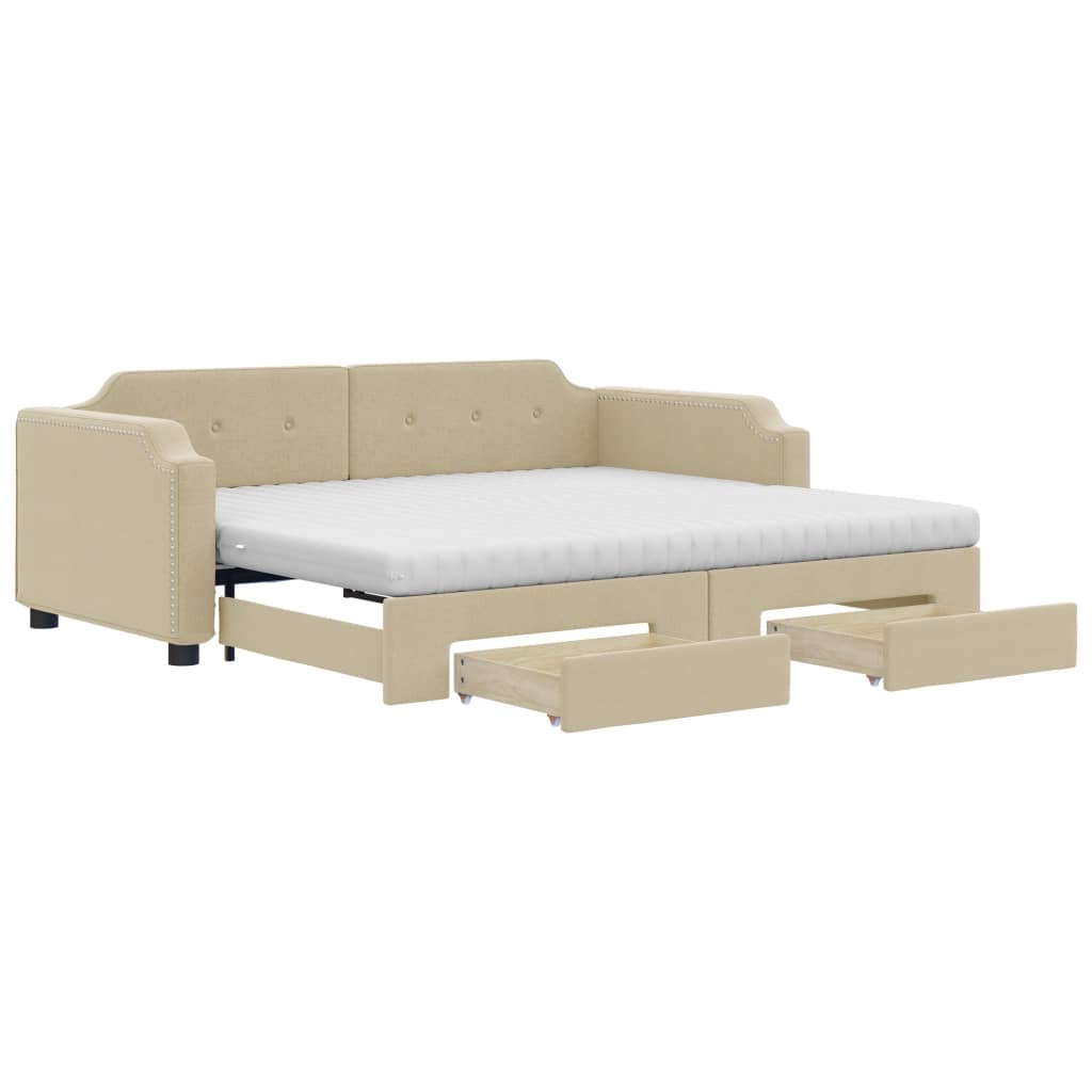 Tagesbett Ausziehbar mit Schubladen Creme 100x200 cm Stoff
