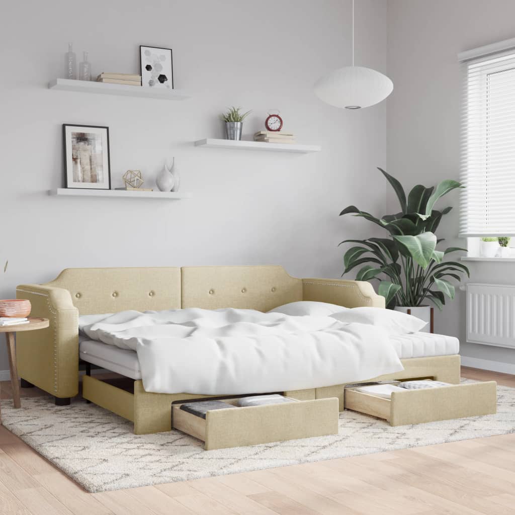 Tagesbett Ausziehbar mit Schubladen Creme 100x200 cm Stoff