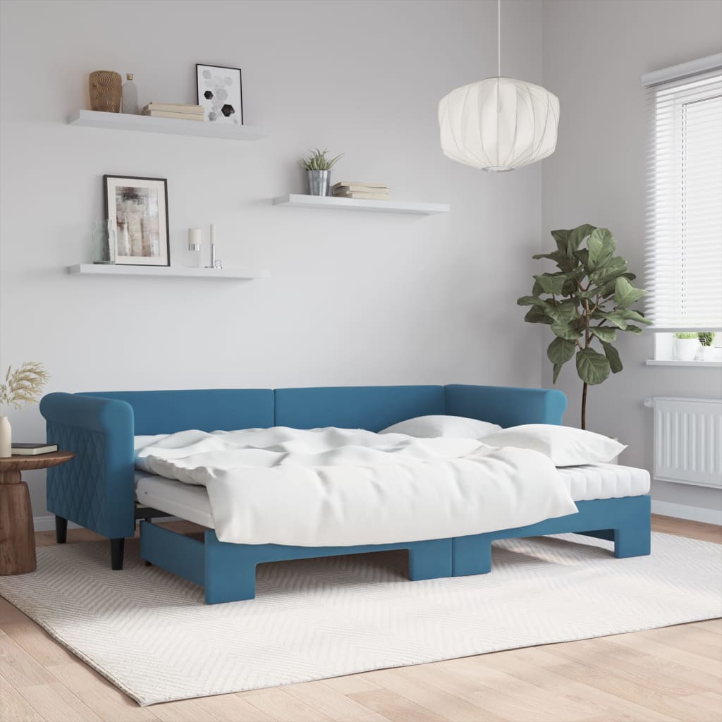 Tagesbett Ausziehbar mit Matratzen Blau 80x200 cm Samt