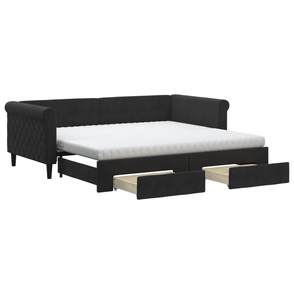 Tagesbett Ausziehbar mit Schubladen Schwarz 90x190 cm Samt