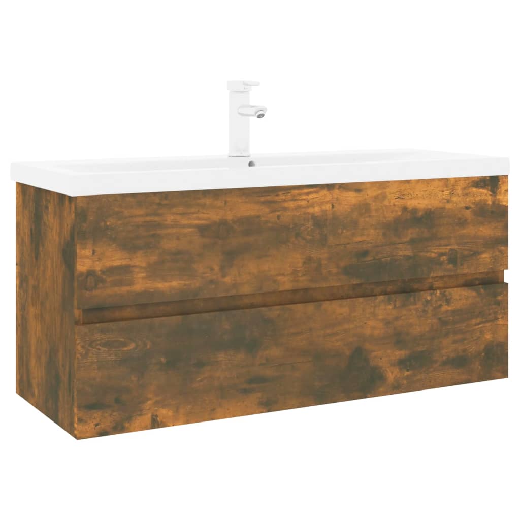 Washbasin cabinet with built-in basin smoked oak wood material