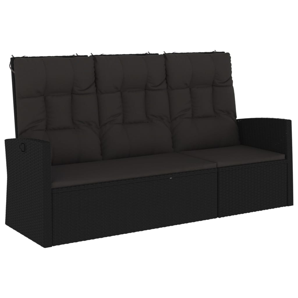 Garden Bench with Reclining Function & Cushions Black 173cm Poly Rattan
