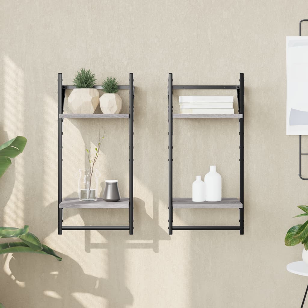 Wall shelves with 2 shelves & rods 2 pieces gray Sonoma 30x25x65cm