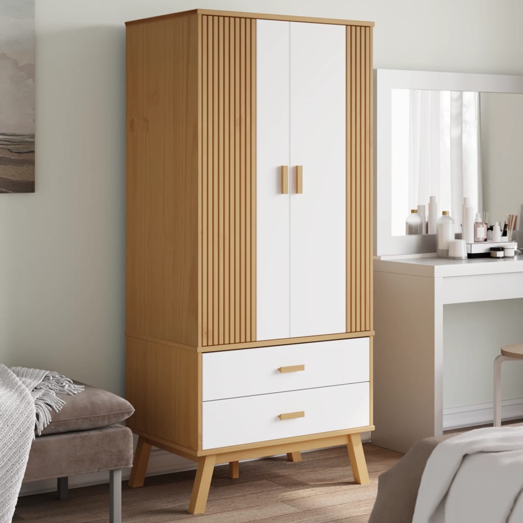 Kleiderschrank OLDEN Weiß Braun 76,5x53x172cm Massivholz Kiefer