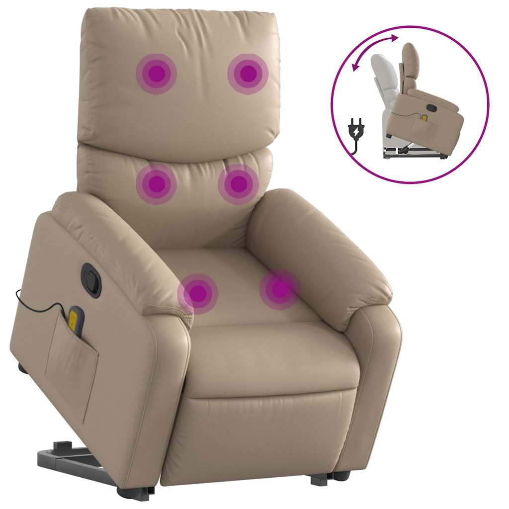Massage chair with stand-up aid, cappuccino brown, artificial leather