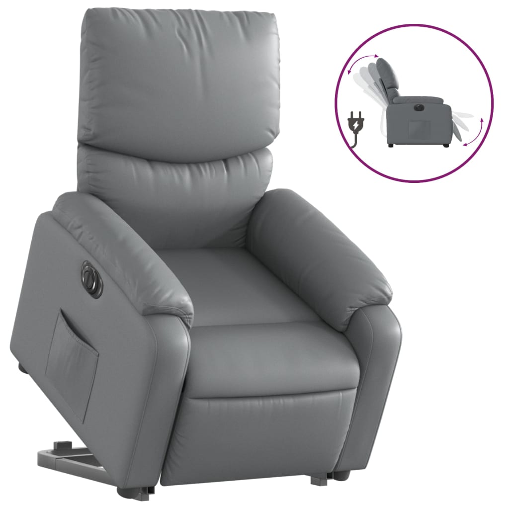Recliner chair with electric stand-up aid, grey, faux leather