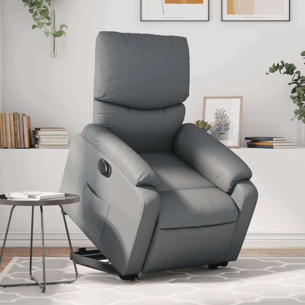 Recliner chair with electric stand-up aid, grey, faux leather