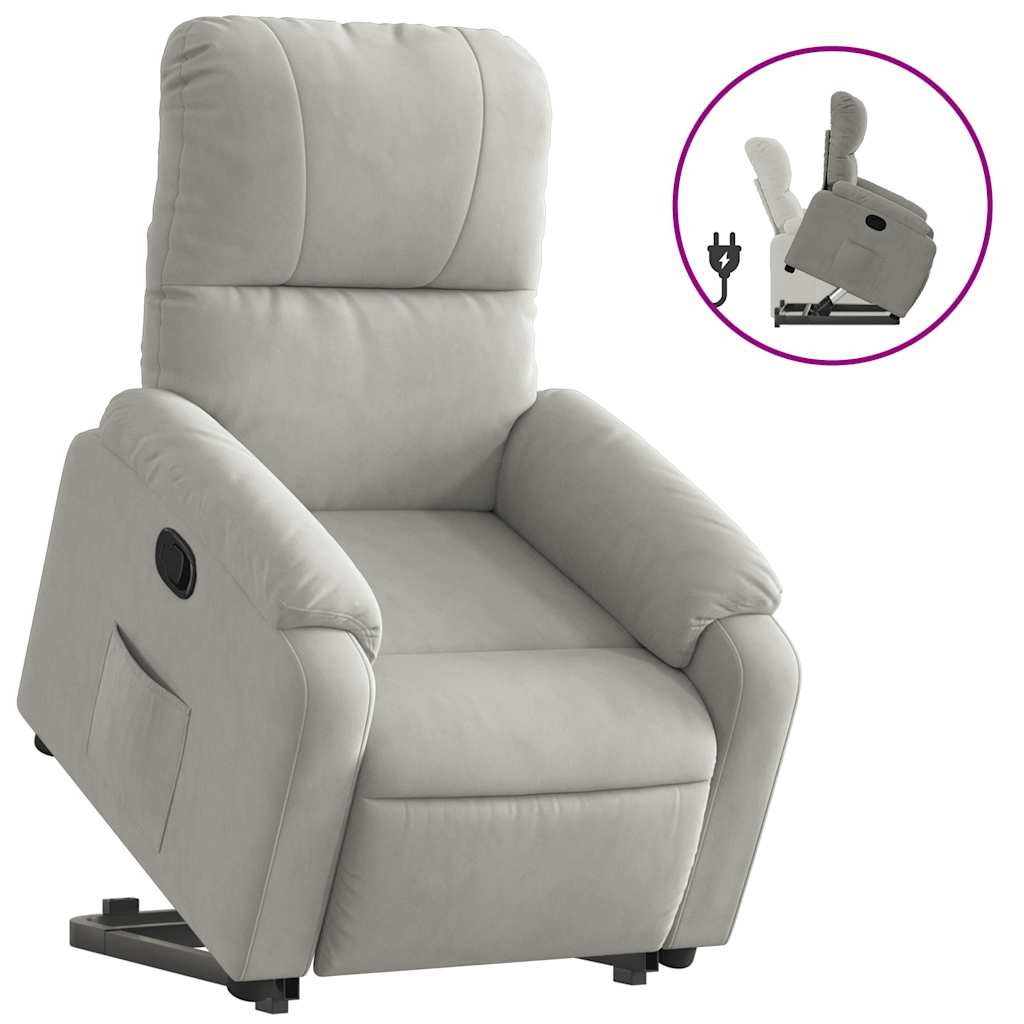 Relaxing chair with stand-up aid, light grey microfiber fabric