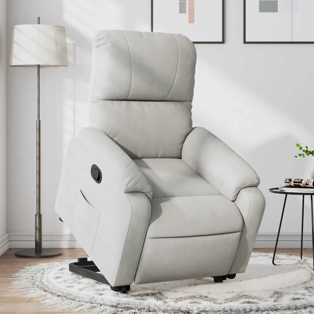 Relaxing chair with stand-up aid, light grey microfiber fabric