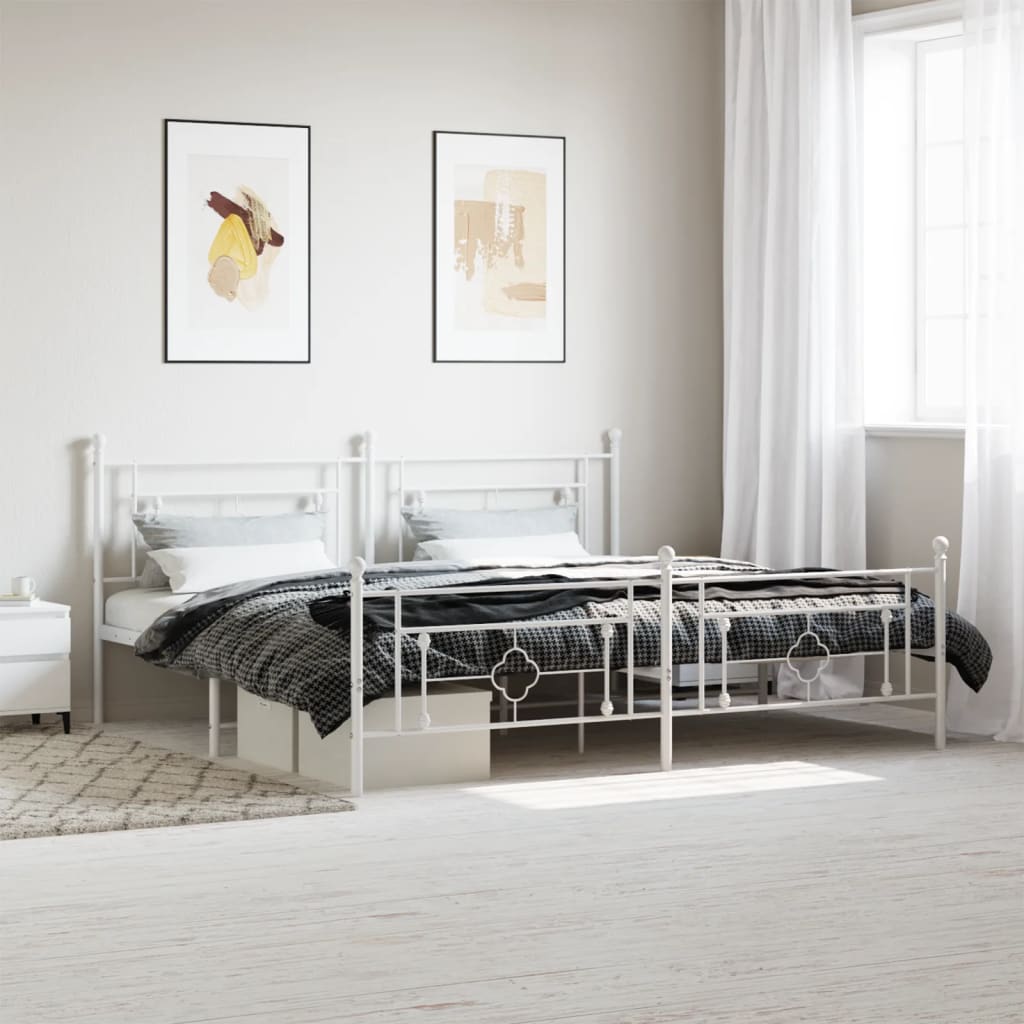 Bed frame with head and footboard metal white 200x200 cm