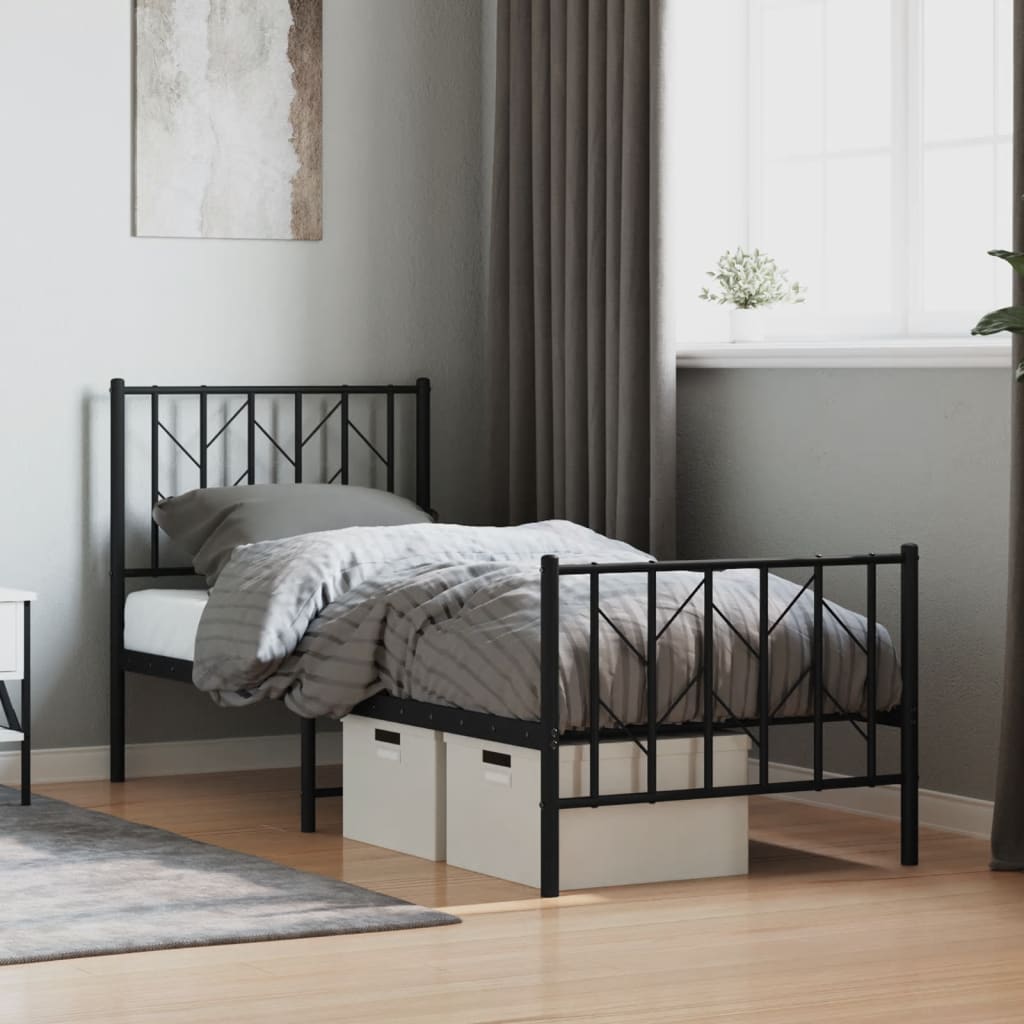 Bed frame with head and footboard metal black 75x190 cm