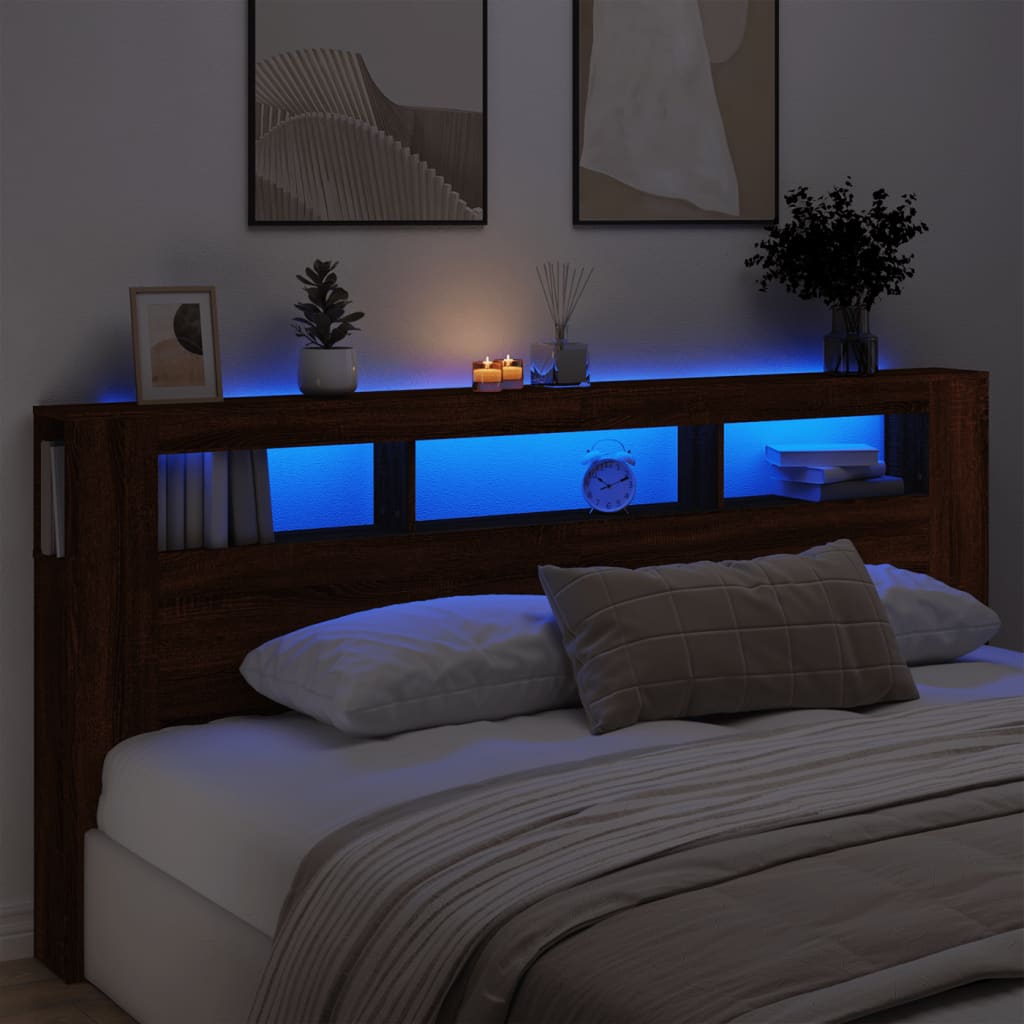 LED headboard brown oak look 220x18.5x103.5 cm wood material