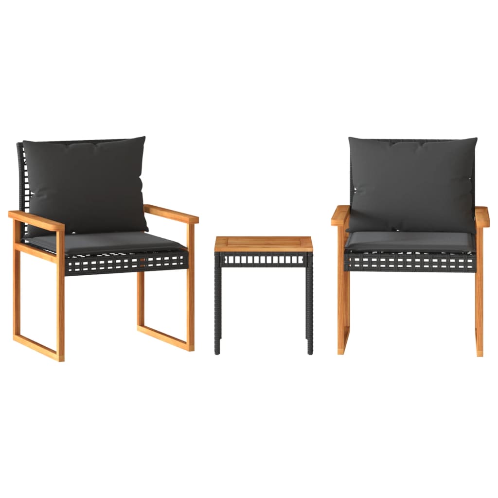3-piece bistro set with cushions black poly rattan acacia wood