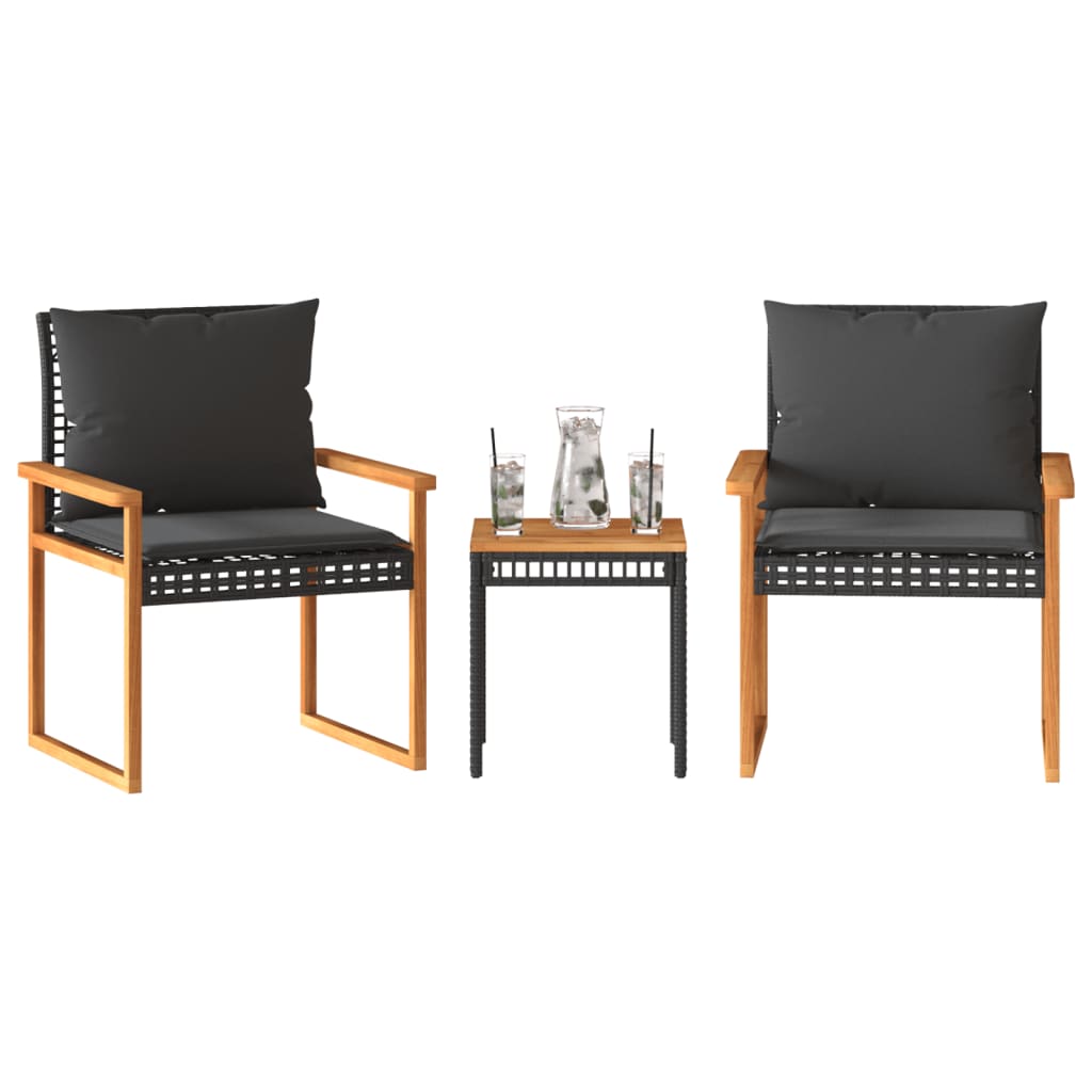 3-piece bistro set with cushions black poly rattan acacia wood