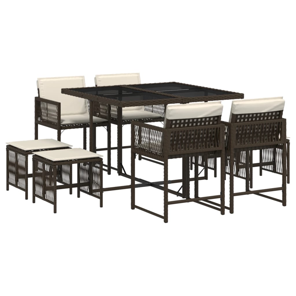 9-tlg. Garten-Essgruppe mit Kissen Braun Poly Rattan