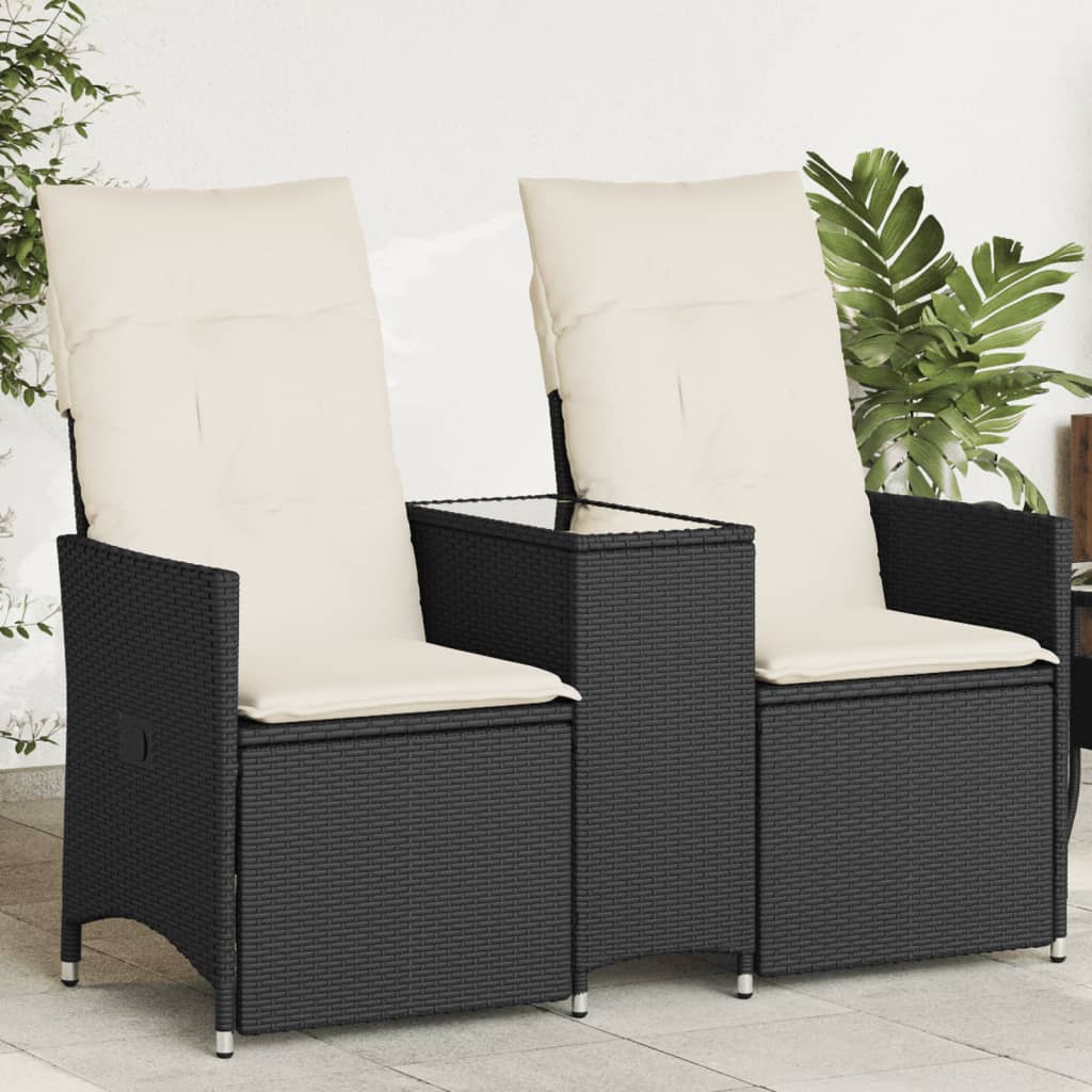 Garden sofa 2-seater adjustable with table black poly rattan