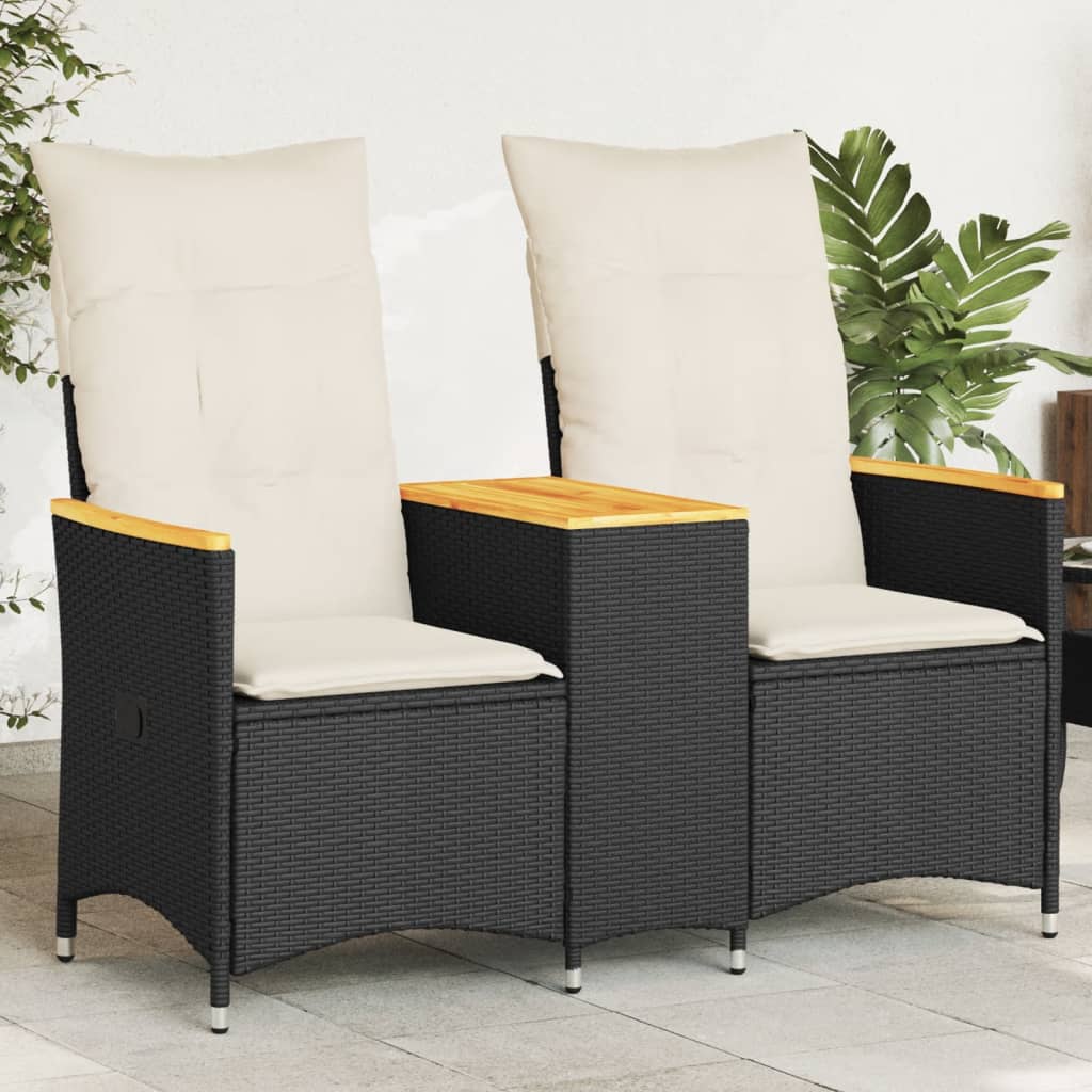 Garden sofa 2-seater adjustable with table black poly rattan
