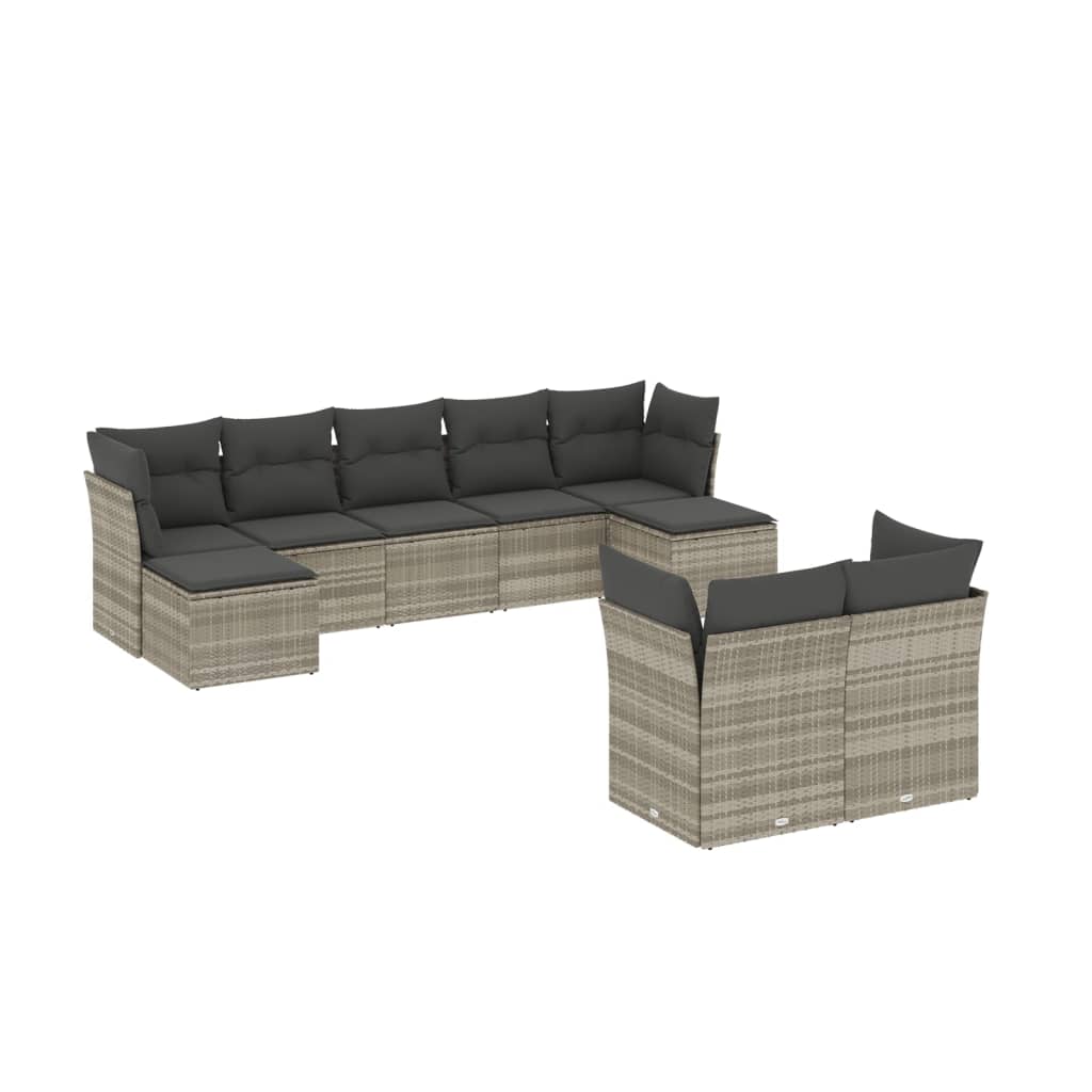 9-piece garden sofa set with cushions, light grey poly rattan