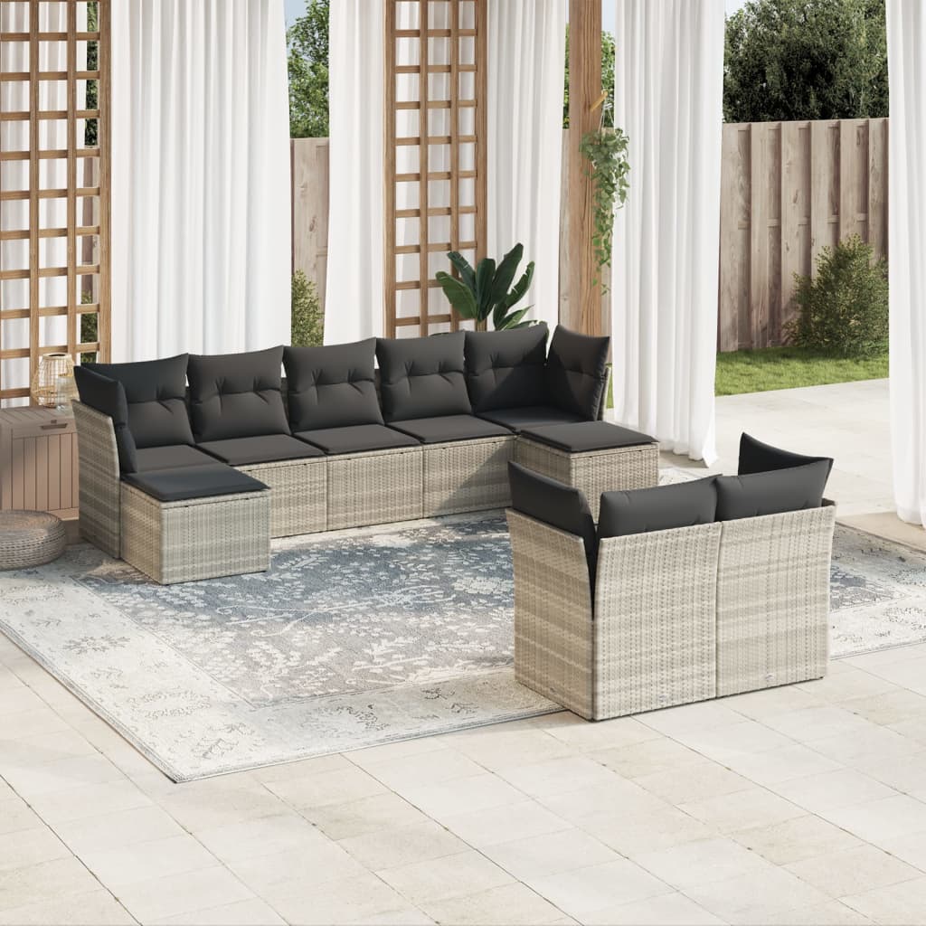 9-piece garden sofa set with cushions, light grey poly rattan