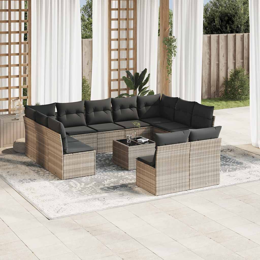 12-piece garden sofa set with cushions, light grey poly rattan