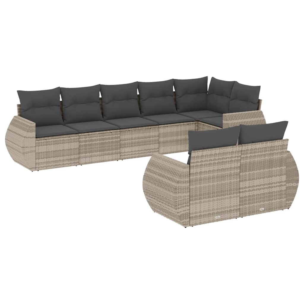 8-piece garden sofa set with cushions, light grey poly rattan