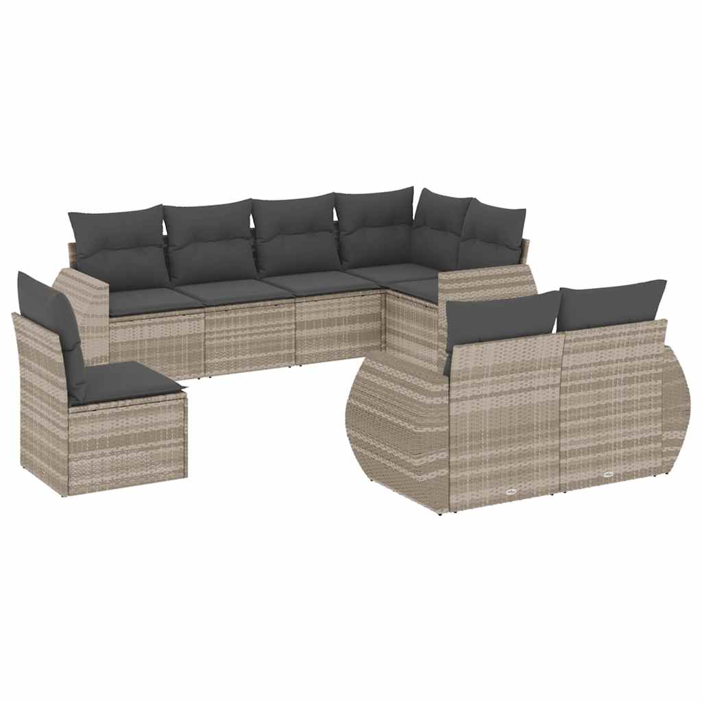 8-piece garden sofa set with cushions, light grey poly rattan