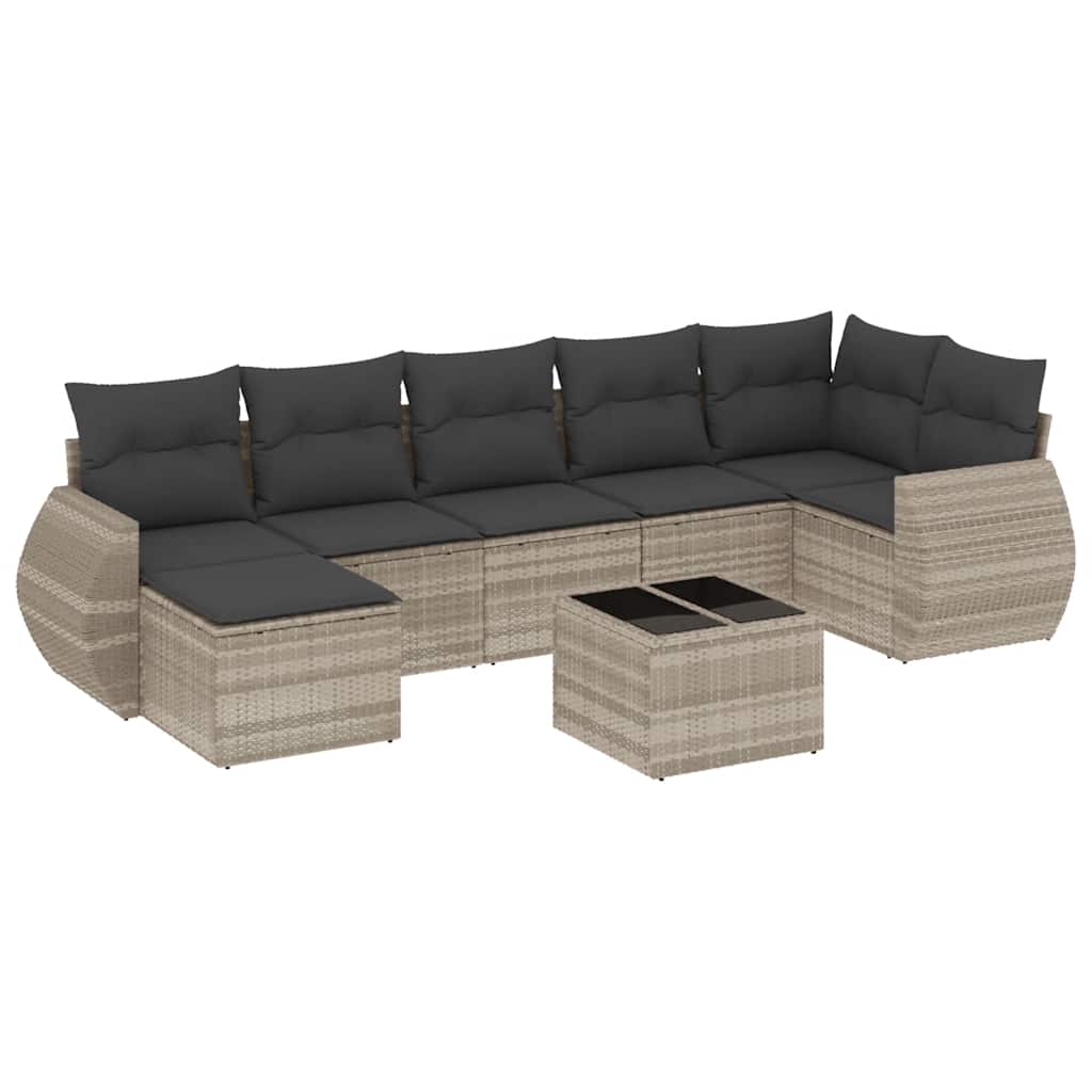8-piece garden sofa set with cushions, light grey poly rattan
