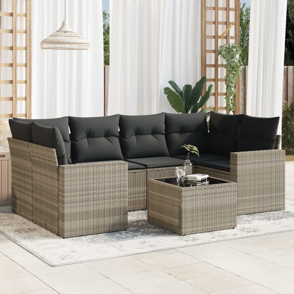 7-piece garden sofa set with cushions, light grey poly rattan