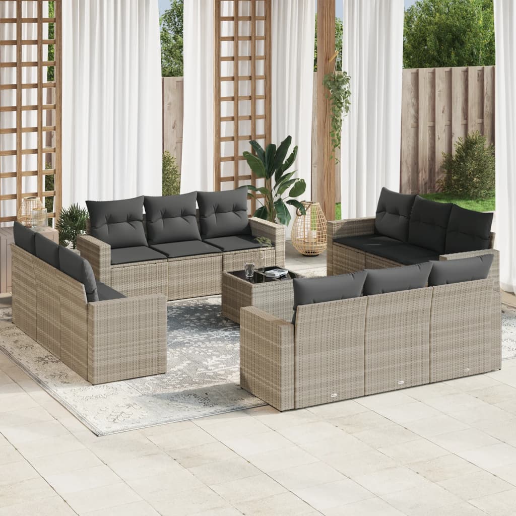 13-piece garden sofa set with cushions, light grey poly rattan