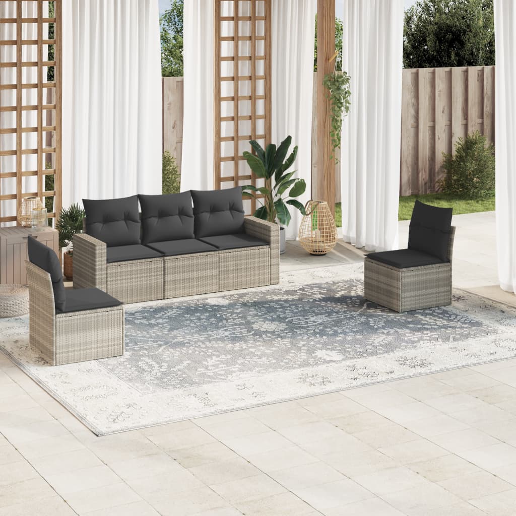 5-piece garden sofa set with cushions, light grey poly rattan