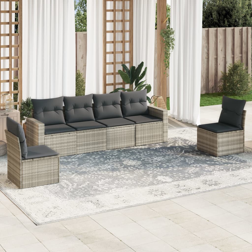 6-piece garden sofa set with cushions, light grey poly rattan