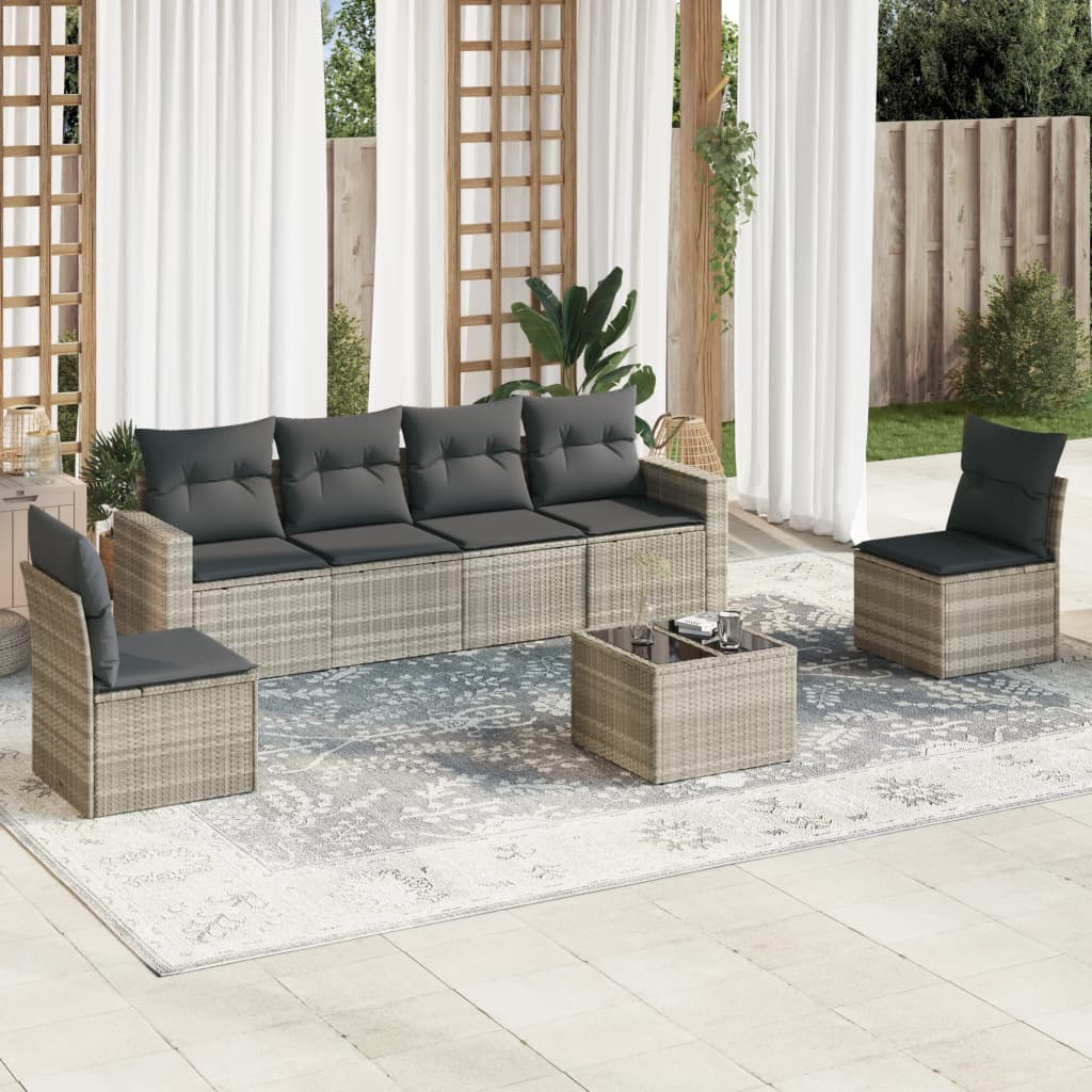 7-piece garden sofa set with cushions, light grey poly rattan