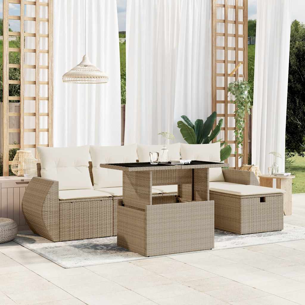 6-tlg. Garten-Sofagarnitur mit Kissen Beige Poly Rattan