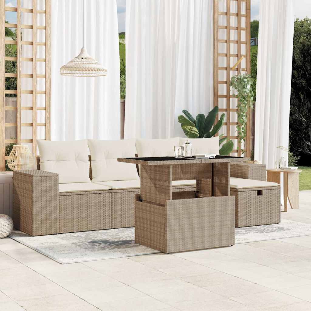 6-tlg. Garten-Sofagarnitur mit Kissen Beige Poly Rattan