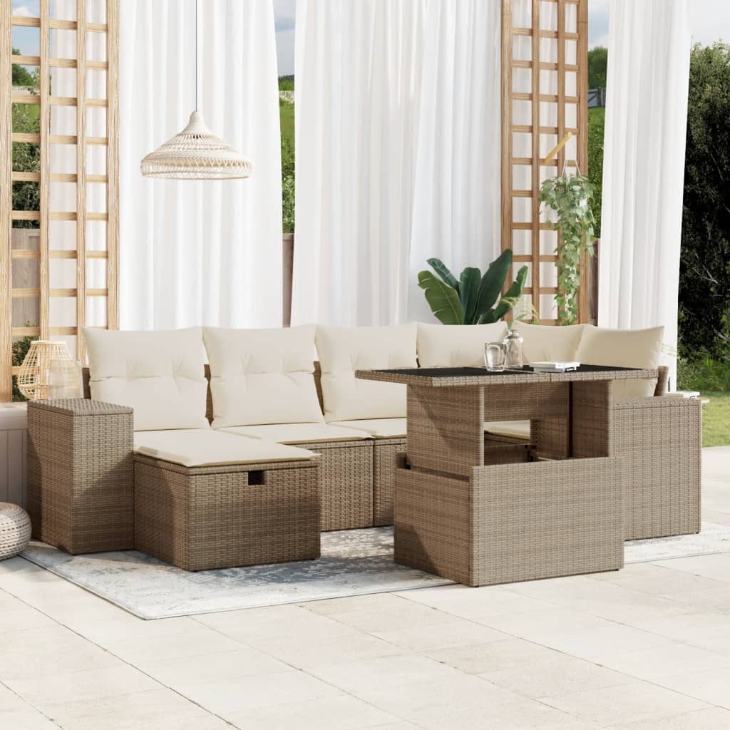 7-tlg. Garten-Sofagarnitur mit Kissen Beige Poly Rattan