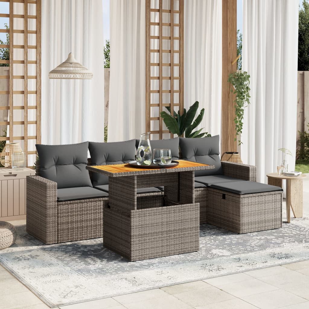 6-tlg. Garten-Sofagarnitur mit Kissen Grau Poly Rattan